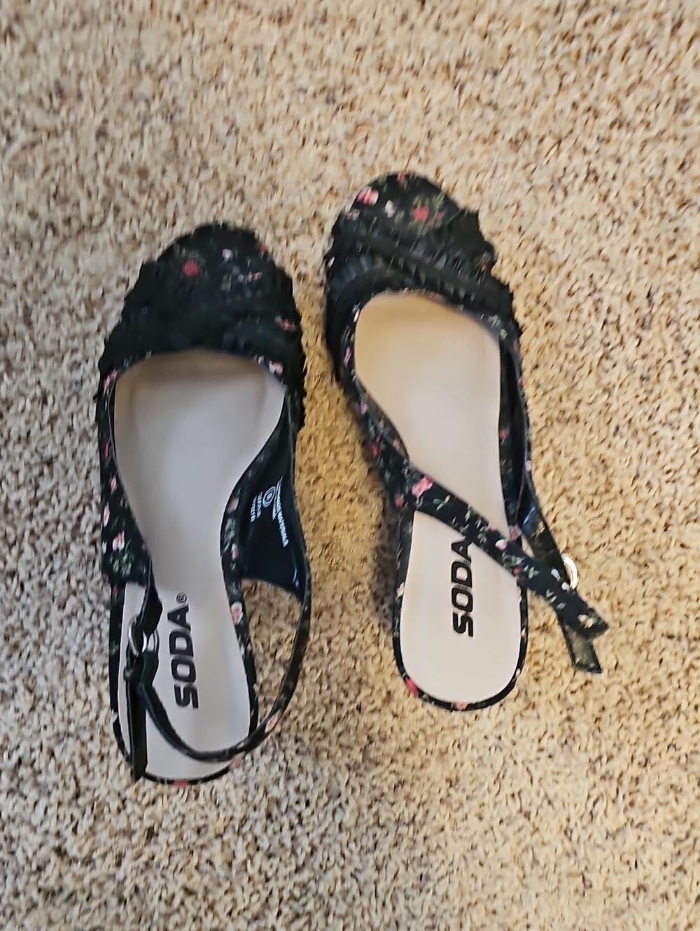 Soda Black Floral Slingback Flats with Pink Accents
